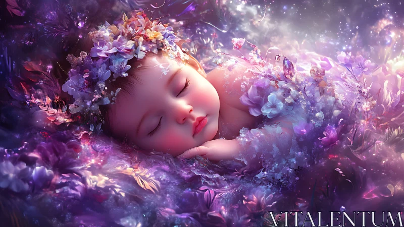 Sleeping baby within glowing floral dreamscape shines softly