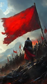 Armored vanguard beneath tattered crimson war standard in storm