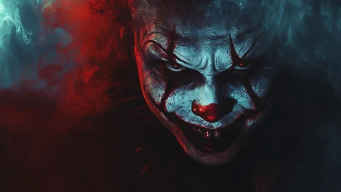 Sinister clown portrait uses split red cyan lighting and dense smoke