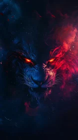 Bicolor spectral lion portrait merges neon fire and shadow