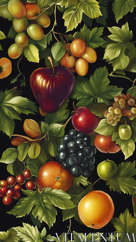 Orchard cabaret of glossy fruits on midnight leaves.