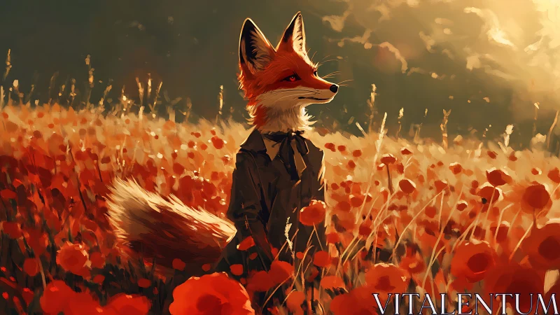 Anthropomorphic fox stands in dense red poppy field at sunset