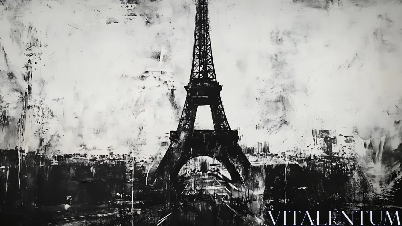Monochrome Eiffel Tower rises over an abstract urban haze