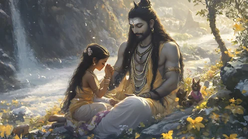 Gentle father and daughter share a quiet blessing by waterfalls