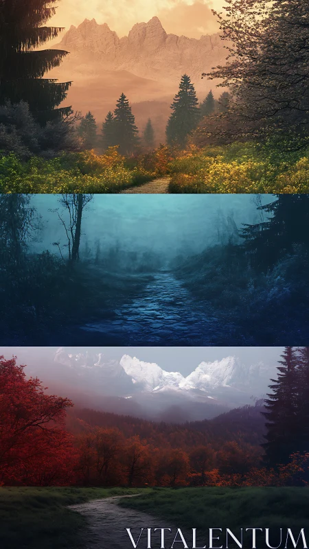 Mountain forest paths in layered seasonal landscape study.