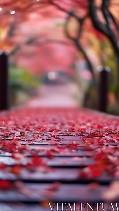 Crimson maple leaves blanket quiet wooden garden bridge.