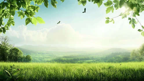 Sunlit grassland panorama with atmospheric depth and layered foliage