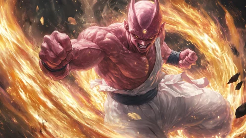 Pink alien warrior charges through swirling fire vortex