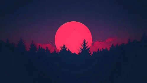 Crimson moonrise humming above midnight pine silhouettes.