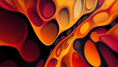 Fluid orange and red abstract shapes with dark voids.