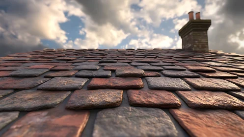 Weathered clay roof tiles meet sky and chimney.