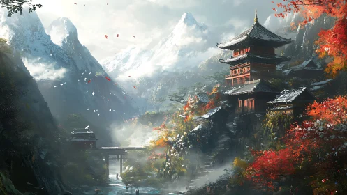 Mountain temple complex under snowlit autumn peaks.