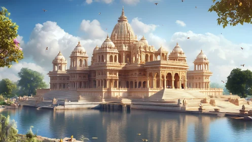 Digital render depicts large domed sandstone temple complex