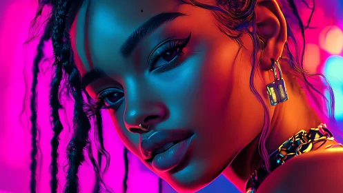 Neon-lit portrait with hyperreal skin and cyber glow tones.