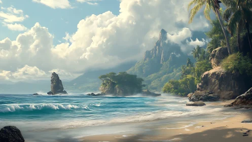 Tropical Coastal Landscape with Volcanic Peaks and Turbulent Ocean Waves