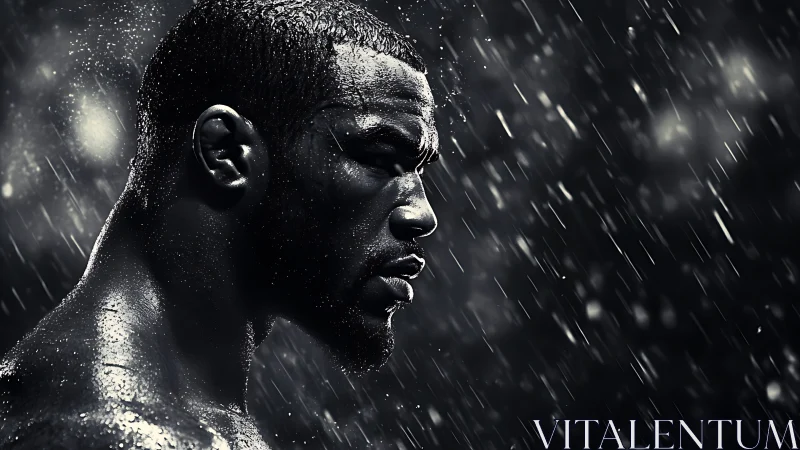 Side profile of male athlete under heavy rain at night.