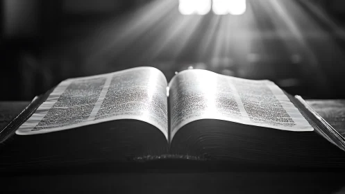 Backlit open Bible with high contrast optical highlights.
