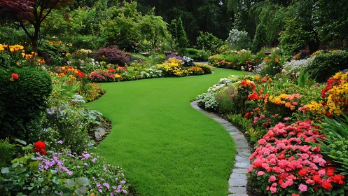 Emerald garden path winding through a kaleidoscope of blooms.