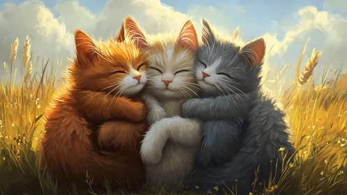 Three Felids in Golden Wheat Field with Atmospheric Luminosity