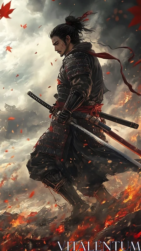 Solitary samurai in ember-strewn battlefield, overcast sky