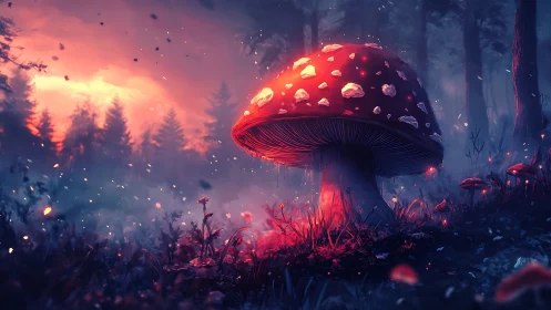 Luminescent fly agaric macroform in spectral dusk forest.
