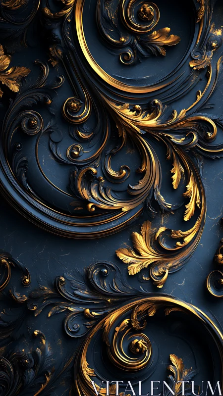 Baroque midnight scrollwork drenched in molten gold glow.