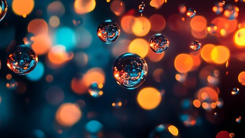 Suspended liquid droplets in bokeh field, warm cyan-orange palette