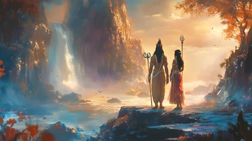 Serene divine couple gaze over glowing waterfall valley