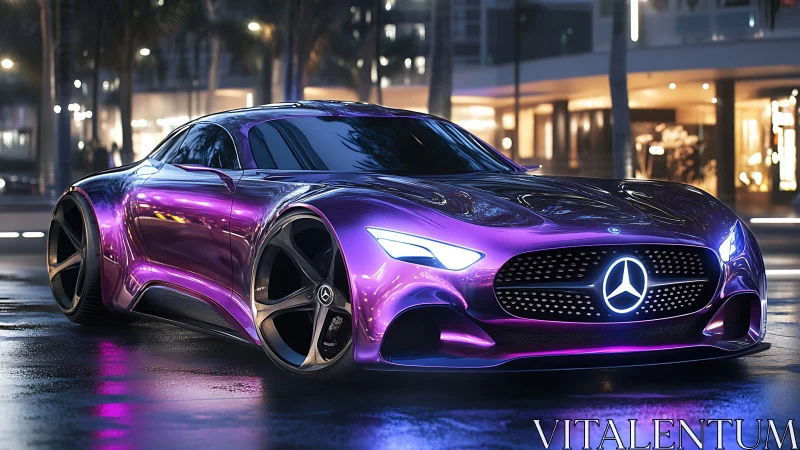 Mercedes coupe concept stands on wet urban street at night