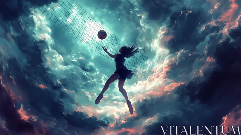 Girl jumps toward volleyball net suspended in glowing sky