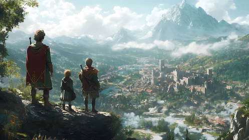 Fantasy mountain kingdom viewed by cloaked travelers.