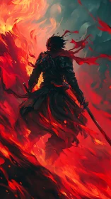 Armored swordsman stands amid stylized fire and rising smoke