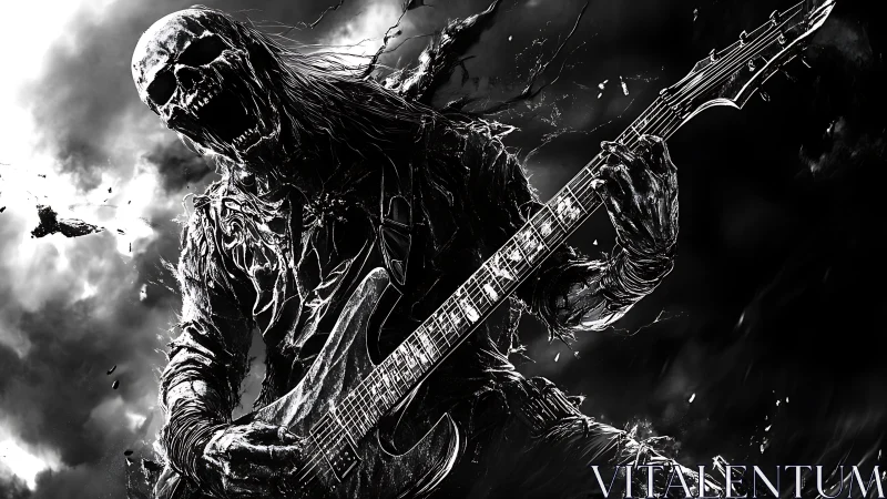 Undead metal guitarist shredding in stormy monochrome chaos.