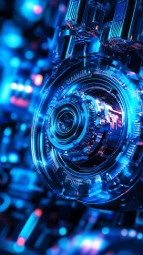 Futuristic metallic turbine core in glowing blue light.