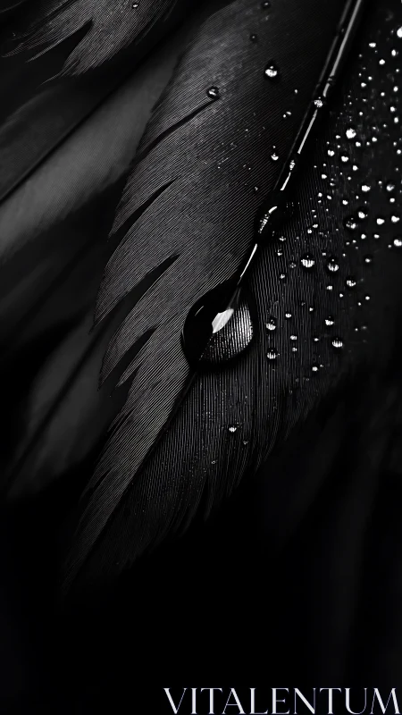 Glistening water droplets rest gently on dark bird feather