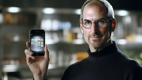 Tech visionary presents sleek smartphone in studio light.