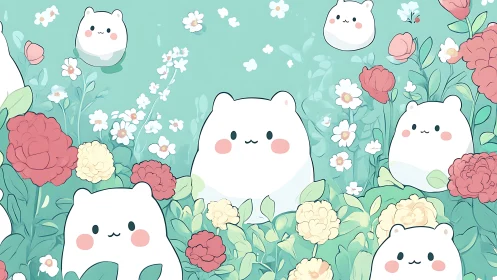 Kawaii Bear Characters in Botanical Garden Composition.