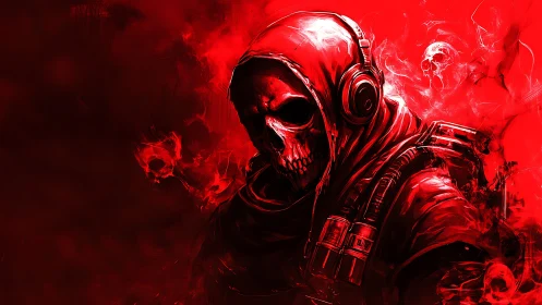 Hooded reaper DJ tuned into a blood-red battlefield.