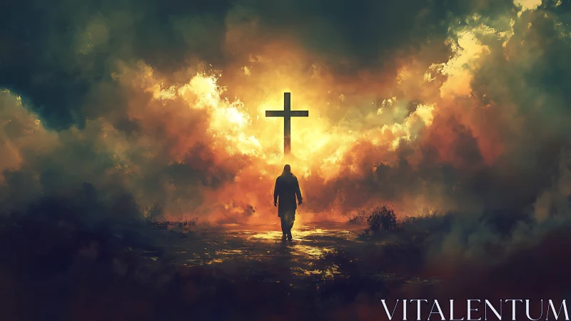 Solitary figure walking toward radiant cross through storm clouds