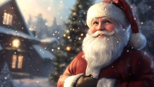 Snowlit Santa smiles beneath twinkling winter cottage glow.