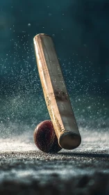 Cricket bat edge striking leather ball with granular pitch spray