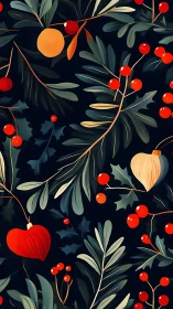 Dark background botanical pattern shows stylized leaves and berries