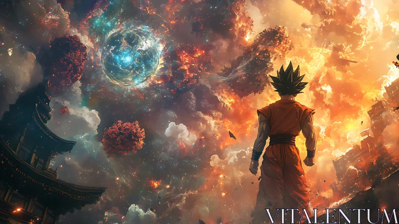 Figure observes cosmic energy sphere amid fragmented sky