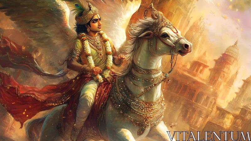 Radiant winged rider soaring through a golden mythic city.