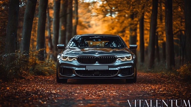 Photorealistic sedan front view on autumn forest lane composition.