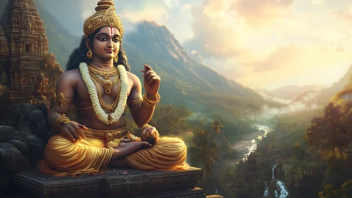 Divine child deity sculpture in luminous mountain valley landscape