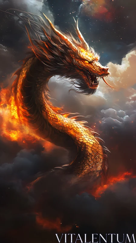 Fiery celestial dragon coils through storm-lit cosmic clouds