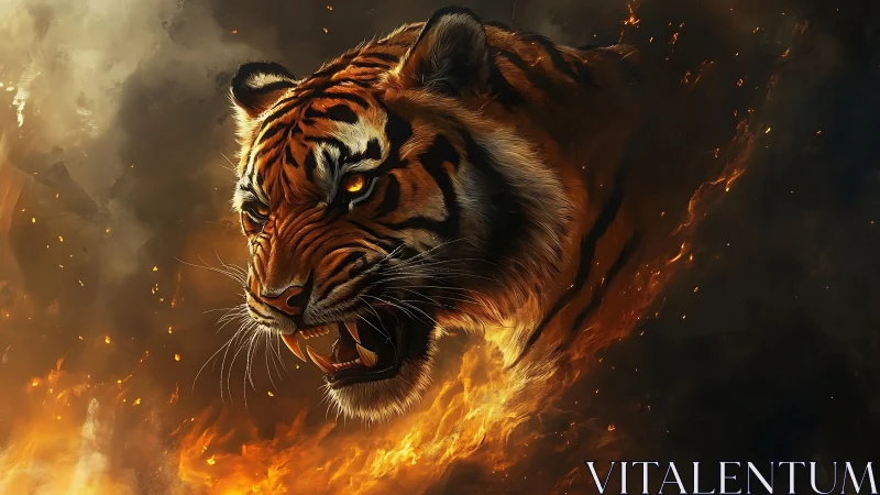 Roaring tiger head emerging through dynamic inferno clouds.
