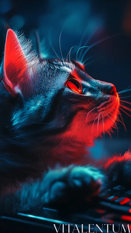 Neon-lit cat with red and cyan luminescent fur
