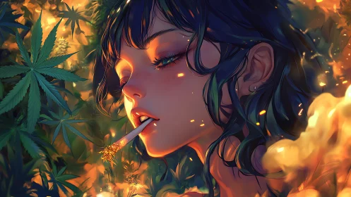 Woman with lit joint surrounded by cannabis leaves.
